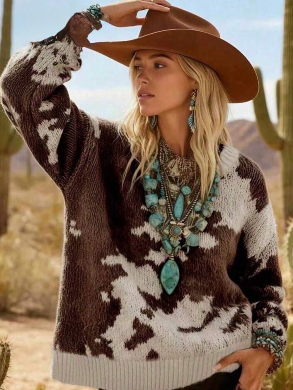 Western Sweater Cow Print Knit Sweater - Brown & Cream Women’s Pullover